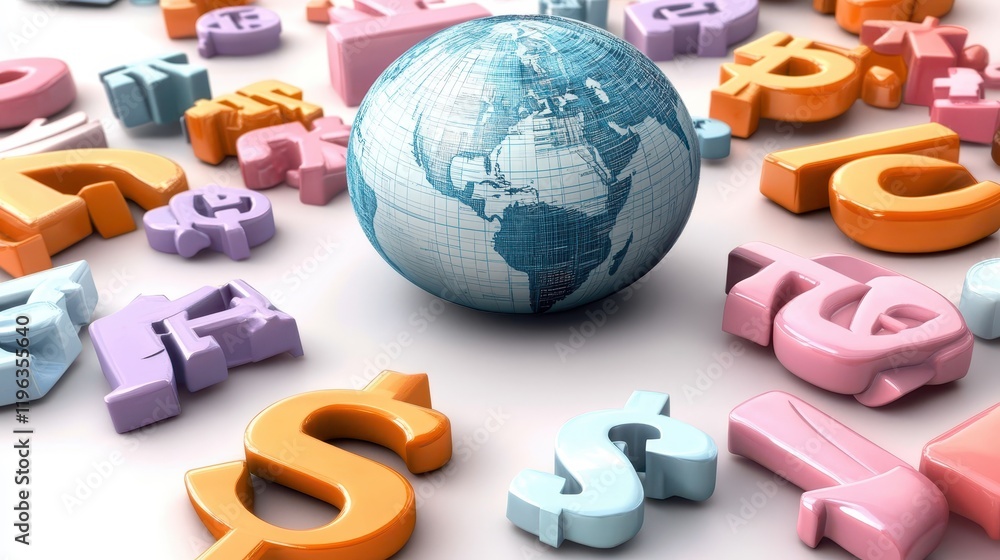 Poster global communication and connectivity, globe encircled by alphabet letters representing worldwide ne