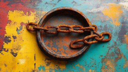A round plastic container lid with rusted chain link isolated on a colorful background