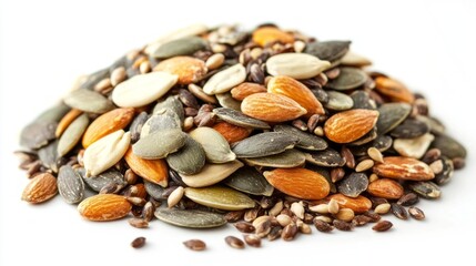 Obraz premium A vibrant assortment of mixed seeds lies on a smooth white surface, highlighting the diverse textures and colors. Perfectly suited for healthy snacks, granola, and culinary creations