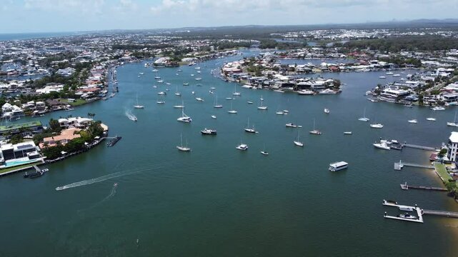 4K Aerial view of a boat harbour on Australia's Sunshine Coast
