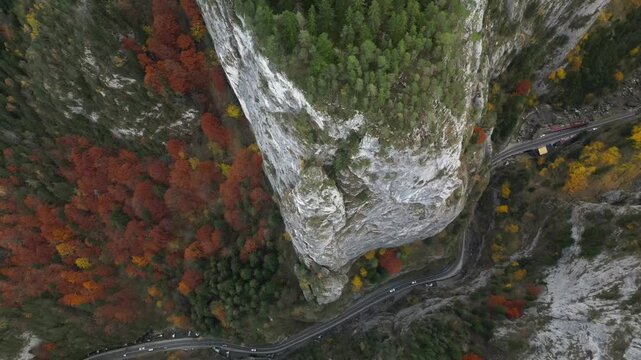 Mesmerizing aerial perspective over the narrow and spectacular pass through the Bicaz Gorges (Cheile Bicazului) in Romania