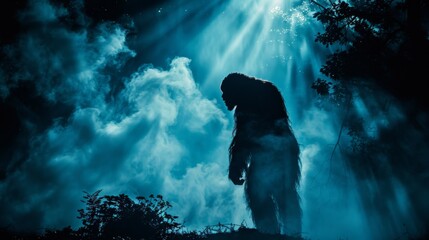 Mysterious Bigfoot Standing in Foggy Forest Illuminated by Moonlight Rays