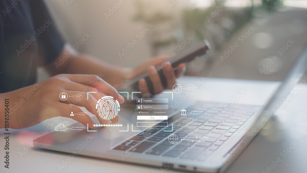 Poster businessman using laptop login username and password identity on virtual screen. cyber security prot