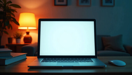 Fototapeta premium A laptop computer with a blank screen. Workstation desk table for home office. Nordic home design in the present day. The space mockup template should be copied. Front view of a self-isolation company