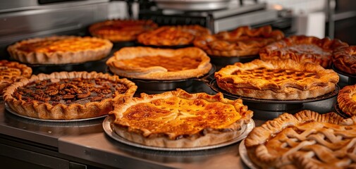 Fototapeta premium Assorted freshly baked pies displayed on a countertop.