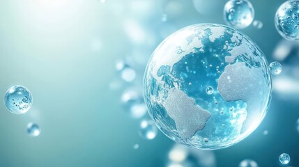 Abstract blue white background with bubbles and globe, a modern design for environmental, business, technology concepts