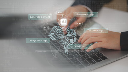 Chatbot Chat with AI, using technology smart robot AI, a data analyst using technology AI as a working tool for data analysis artificial intelligence to generate something or help solve work problems.