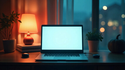 A laptop computer with a blank screen. Workstation desk table for home office. Nordic home design in the present day. The space mockup template should be copied. Front view of a self-isolation company