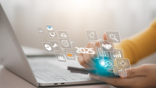 Women plan strategy marketing and finance for 2025, planning business growth with technology, AI, and environmental care to New Year resolutions business. digital transformation 2025 - Powered by Adobe