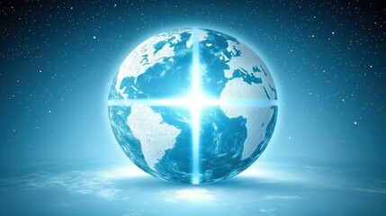Blue earth with cross, symbol of global christianity, faith, hope, and peace