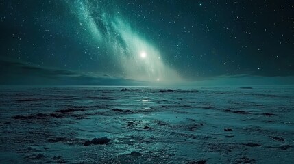 A serene night landscape with a starry sky and distant celestial bodies over a frozen surface.