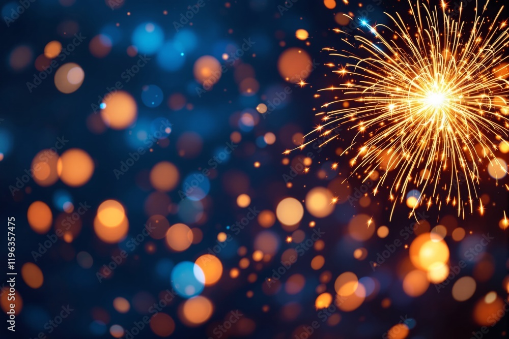 Poster fireworks bursting with glowing bokeh lights on dark blue background.