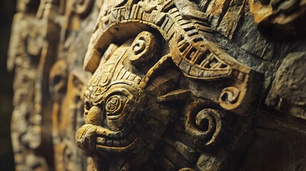 42. A close-up of an intricate ancient artifact with detailed carvings and symbols
