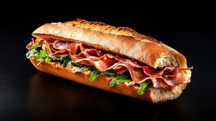 Gourmet sandwich featuring layers of ham and fresh greens on crusty bread against a dark backdrop
