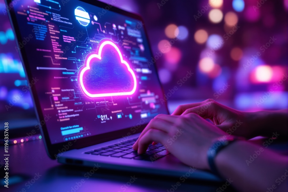 Poster Neon cloud icon on laptop screen with coding background and hands typing on keyboard in blurred light setting.