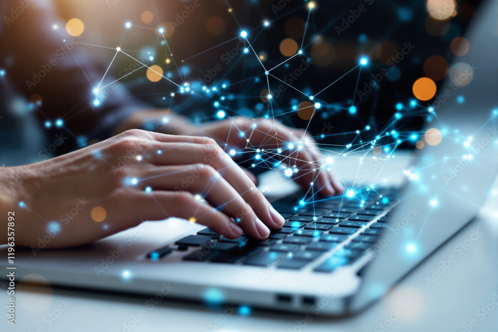 Poster hands typing on a laptop with digital connections and glowing effects.