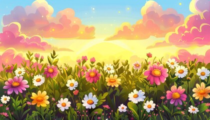 Fototapeta premium A beautiful meadow with colorful flowers and a bright sky with clouds and stars.