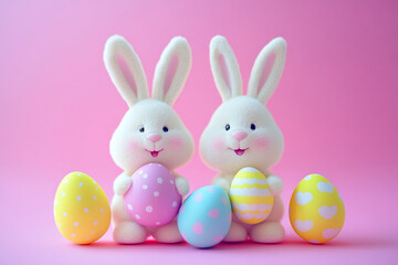 Two Cute 3d Plush Bunnies Holding Egg Pink Background Colorful Eggs Copy Space Happy Easter Greeting Card 