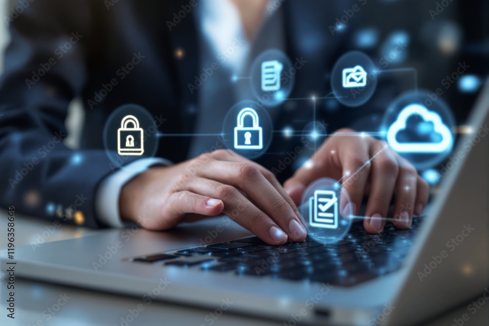Aufkleber Hands typing on laptop keyboard with glowing cybersecurity icons in abstract background.