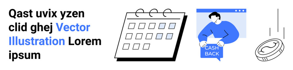 Calendar, man holding cashback icon, and falling coin. Ideal for financial apps, online shopping, calendars, promotional materials, websites, blogs, educational content, advertising. Landing page