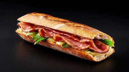 Gourmet sandwich filled with layers of ham, fresh greens, and sauce on a dark background