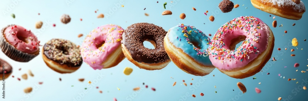 Aufkleber a beautiful display of colorful donuts with sprinkles and toppings floating in the air against a sof