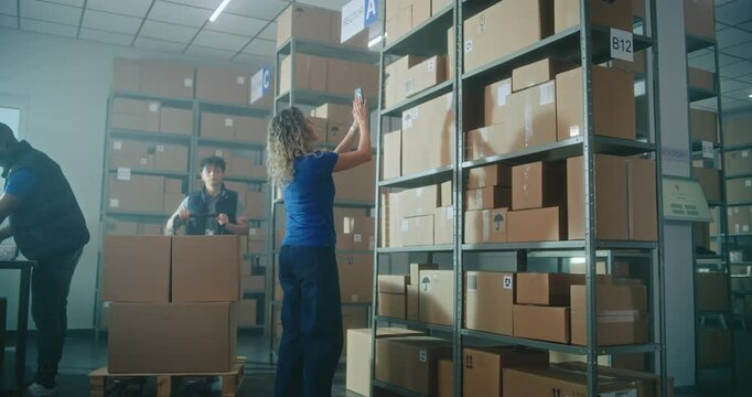 Female logistics specialist scans code on cardboard box using smartphone. Male warehouse worker loads parcel on pallet truck. Multiethnic warehouse employees working in logistics distribution center.