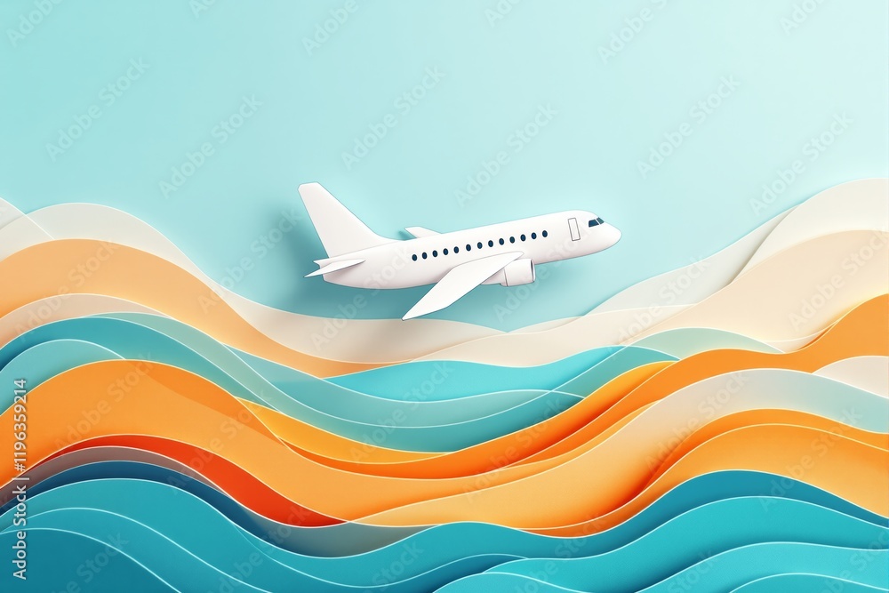 Poster airplane flying over layered colorful waves on light background.