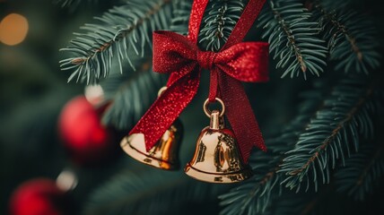 Golden Bells and Red Bow on Christmas Tree