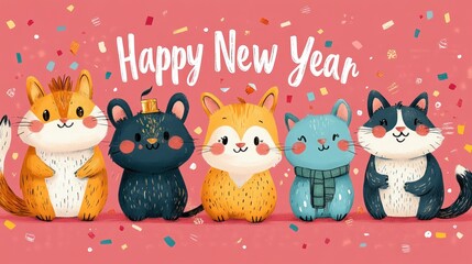 Playful Pink New Year card with cute cartoon animals celebrating and "Happy New Year" written in a vibrant whimsical font surrounded by confetti