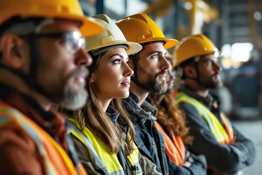 Group of construction workers wearing safety gear in a warehouse background.