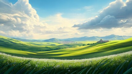 Obraz premium 9.Panoramic rural spring landscape featuring rolling meadows of lush green grass, a backdrop of distant mountains, and a sky bursting with sunlight filtering through soft clouds.