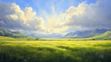 Obraz premium 9.Panoramic rural spring landscape featuring rolling meadows of lush green grass, a backdrop of distant mountains, and a sky bursting with sunlight filtering through soft clouds.