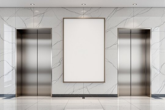 Blank white poster mockup between two metal elevator doors on a marble wall background.