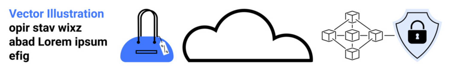 Lock on trolley, cloud shape, blockchain network, and shield with lock symbol represent security, cloud storage, and data protection. Ideal for digital security, cloud computing, blockchain data