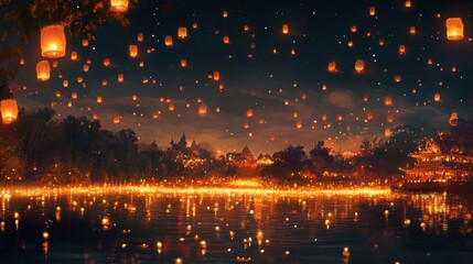Fototapeta premium 15.Magical festival scene with a darkened sky, lit by floating lights and lanterns, flickering diyas on the ground, and shimmering reflections casting a warm glow.