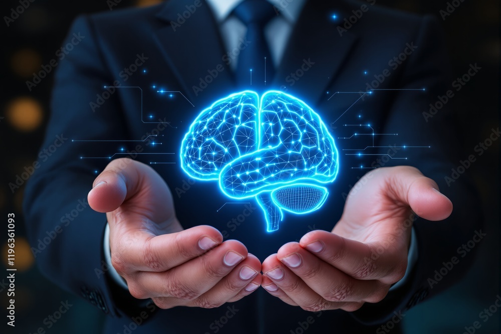 Poster abstract glowing brain hologram held in hands over dark background.