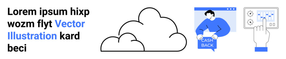 Cloud and device with dollar sign, a person with cashback document, and hand interacting with touchscreen. Ideal for cloud storage, e-commerce, online payment, tech dev, fintech, UXUI, and web apps