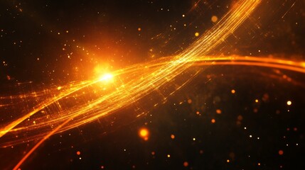 Fototapeta premium 28.A vivid interplay of orange and golden light streaks, lens flare halos, and subtle glows on a jet-black backdrop, creating an intense visual focus.
