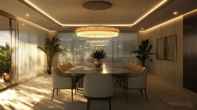 A luxurious dining room featuring a statement chandelier as the centerpiece, surrounded by soft ambient lighting from recessed ceiling lights.