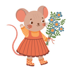 Mouse in dress and wellies with bouquet of flowers. Cute spring forest woods woodland character. Vector illustration isolated on transparent background.