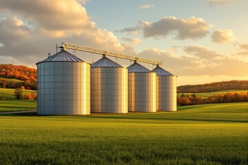 Cylindrical silos on a grassy landscape under a golden sunset sky with scattered clouds.