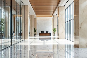 Fototapeta premium Modern building lobby with sleek marble flooring, wooden ceiling accents, glass walls, and reception desk in bright natural light.
