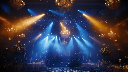 39.A dramatic award ceremony scene featuring a dark blue backdrop with sweeping golden light beams and sparkling glitter highlights, exuding elegance and prestige.