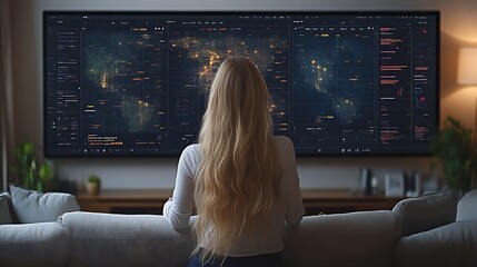 Woman viewing global data on large screen.