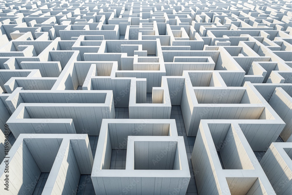 Poster Bright white concrete maze with sunlight and shadows creating contrast on the clean structures.