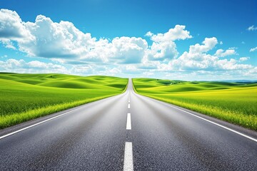 Fototapeta premium Road leading through vibrant green hills under a bright blue sky with fluffy clouds in daylight.