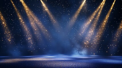 42.An elegant stage design with a smooth dark blue background, intersecting golden light beams, and a dusting of glitter creating a premium ambiance for ceremonies or events.