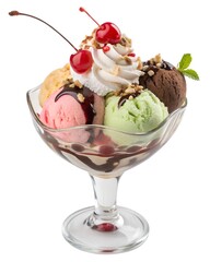 Sundae ice cream frozen dessert in tulip glass cup on white background