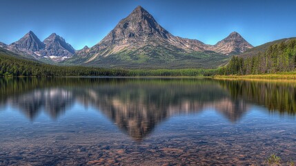 Serene mountain landscape reflecting in calm lake water.